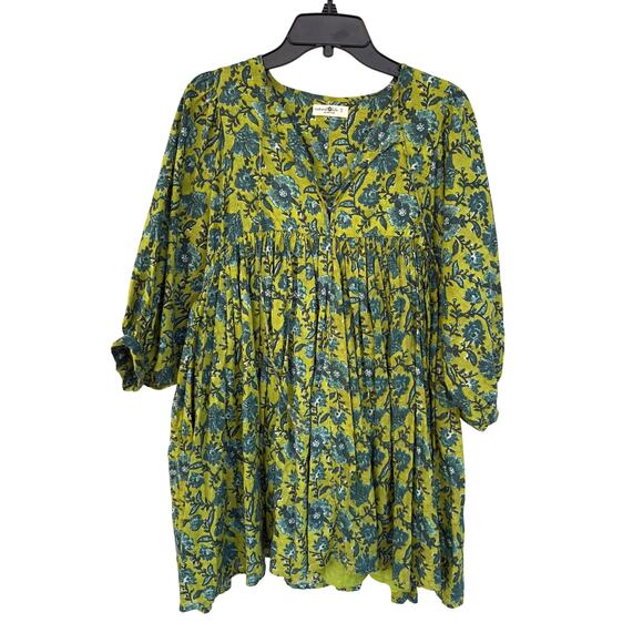 Natural Life Aimee Green Floral Puff Sleeve Mini Tunic Dress VNeck Boho Cotton S - Picture 2 of 12